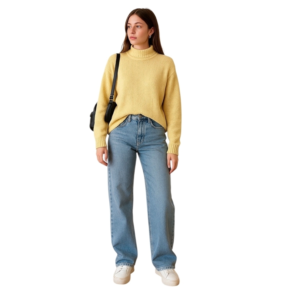 Vintage Butter Yellow Mock Neck Sweater Women’s Size L Acrylic Ribbed Knit